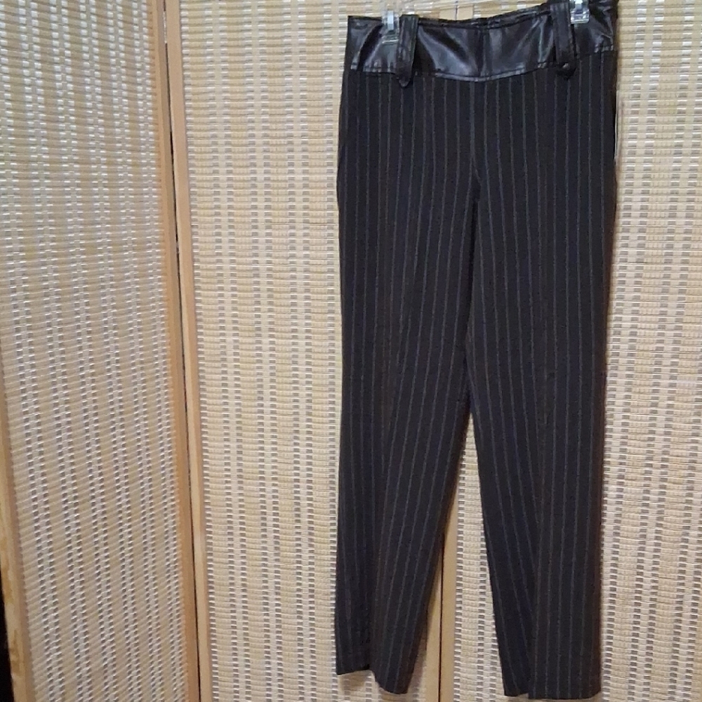Dana Kay Black Pinstripe Trousers with Faux Leather Waist